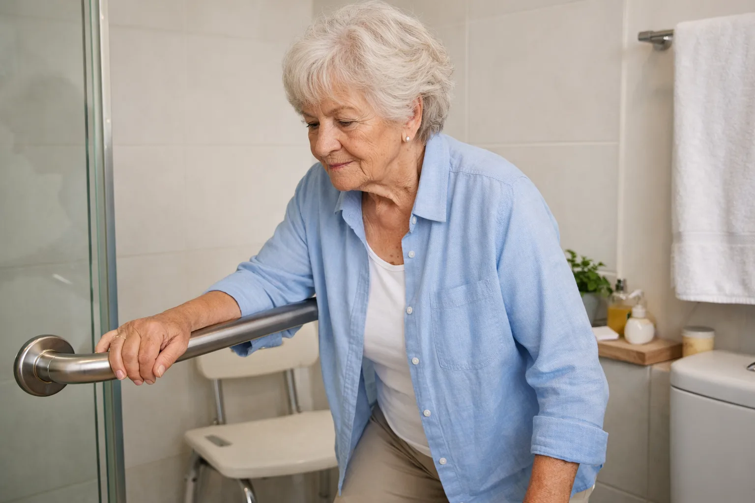 Cómo evitar caídas en personas mayores en casa | Persona mayor agarrándose a una barra de seguridad en el baño