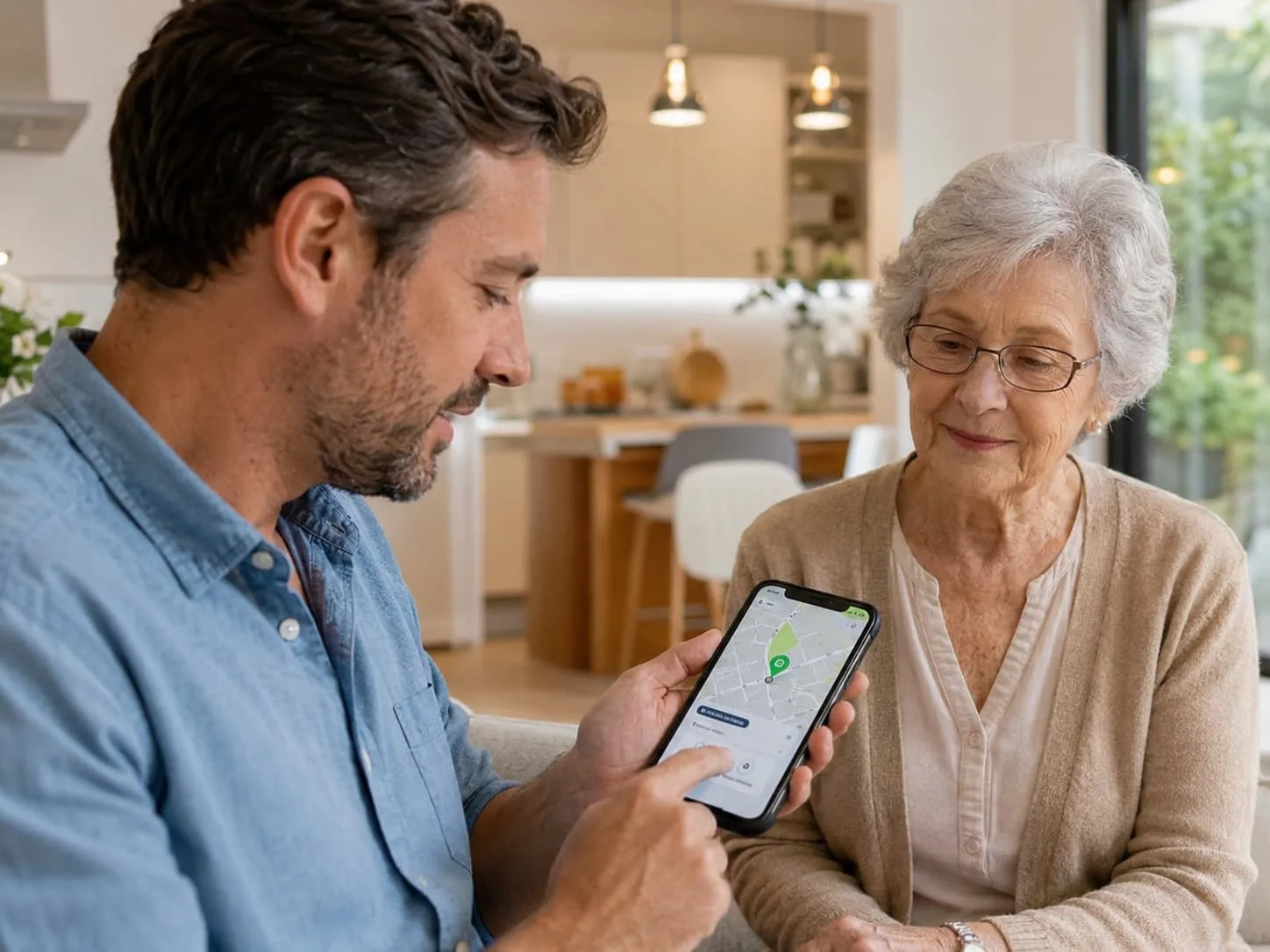 Familia revisando un sistema de localización GPS para una persona mayor