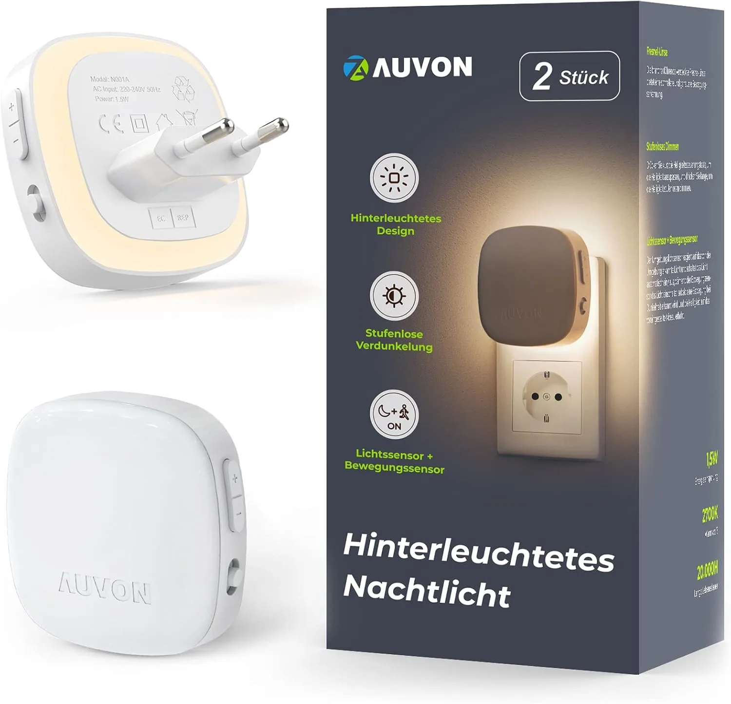 Mejores luces con sensor de movimiento para personas mayores (2026) 1 AUVON luz nocturna enchufable con sensor de movimiento y crepuscular
