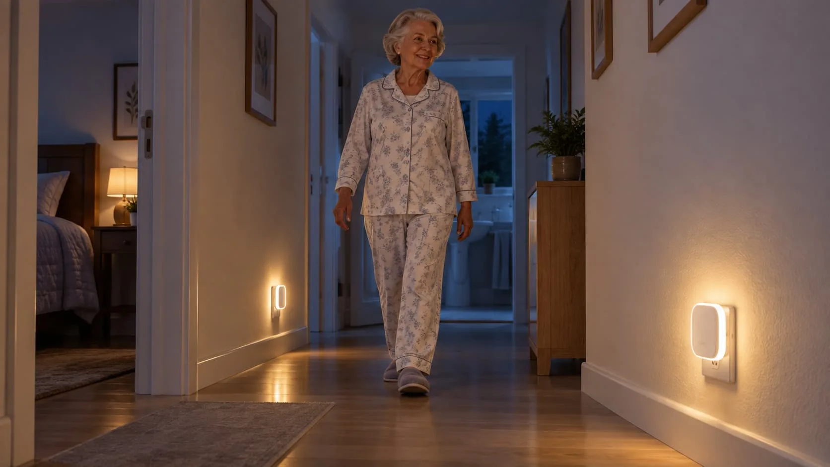 Señora mayor caminando por un pasillo de su casa iluminado con luces de seguridad
