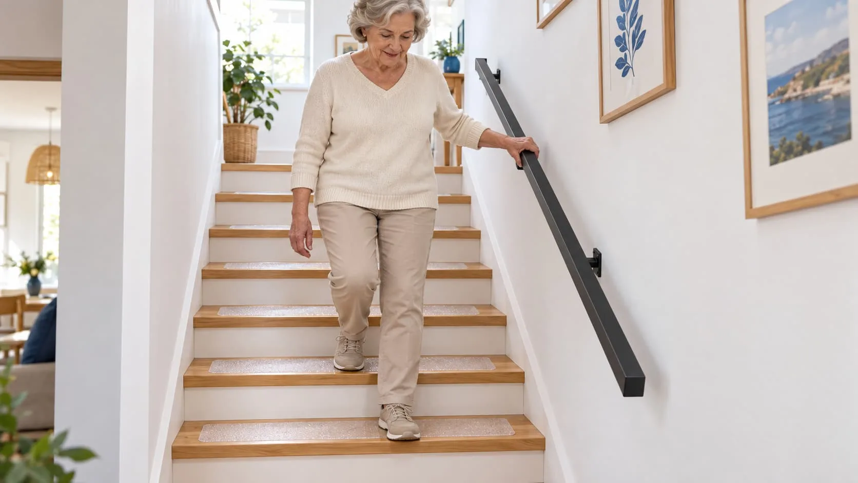 Señora mayor bajando las escaleras de su casa de forma segura por el uso del pasamanos y las cintas antideslizantes